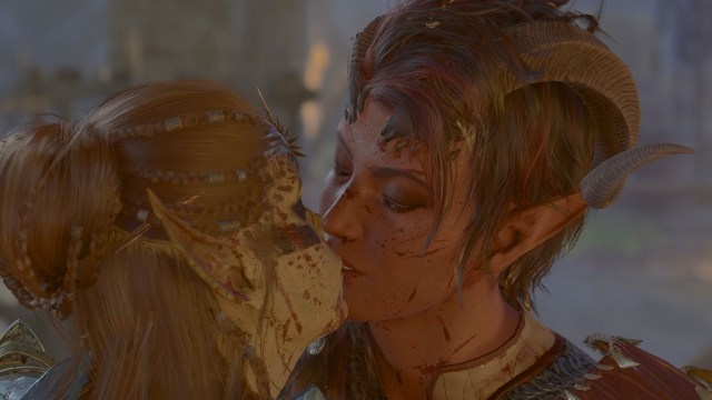 Baldura's Gate 3 Karlach kissing Lae'zel
