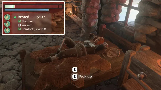 Um jogador Enshrouded carregando seu Bônus de Descanso dormindo em uma cama, dentro de um abrigo, com Nível de Conforto 12.