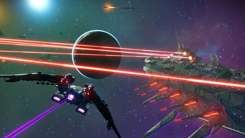 Nici un om's Sky: a battle between ships in space with a planet in the distance.