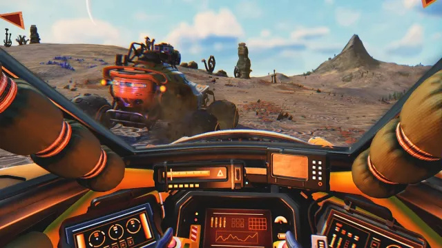 Nici un om's Sky: the inside of a vehicle as it drives across a rocky planet.