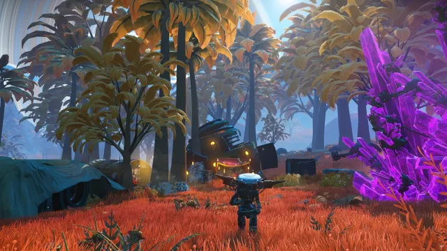 Nici un om's Sky: a robot on a colorful planet with bright trees.
