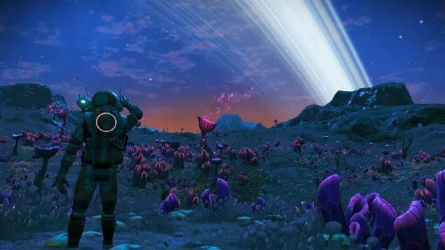 Nici un om's Sky: a traveler looks out onto the horizon of a dark planet.